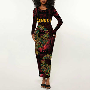 Afro-American Culture Long Sleeve Bodycon Dress Adinkra Sankofa Bird - Cosmic Red