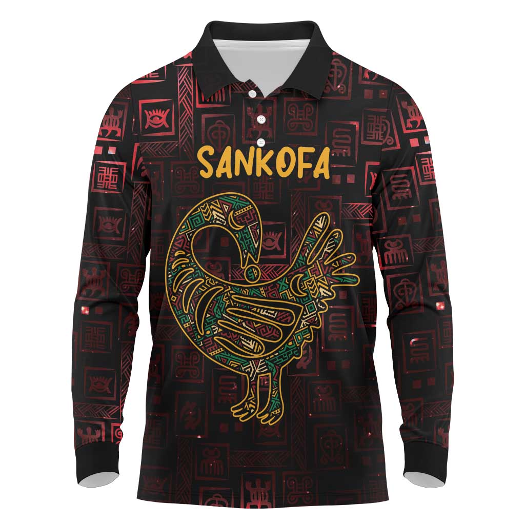 Afro-American Culture Long Sleeve Polo Shirt Adinkra Sankofa Bird - Cosmic Red