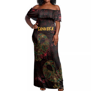 Afro-American Culture Off Shoulder Maxi Dress Adinkra Sankofa Bird - Cosmic Red