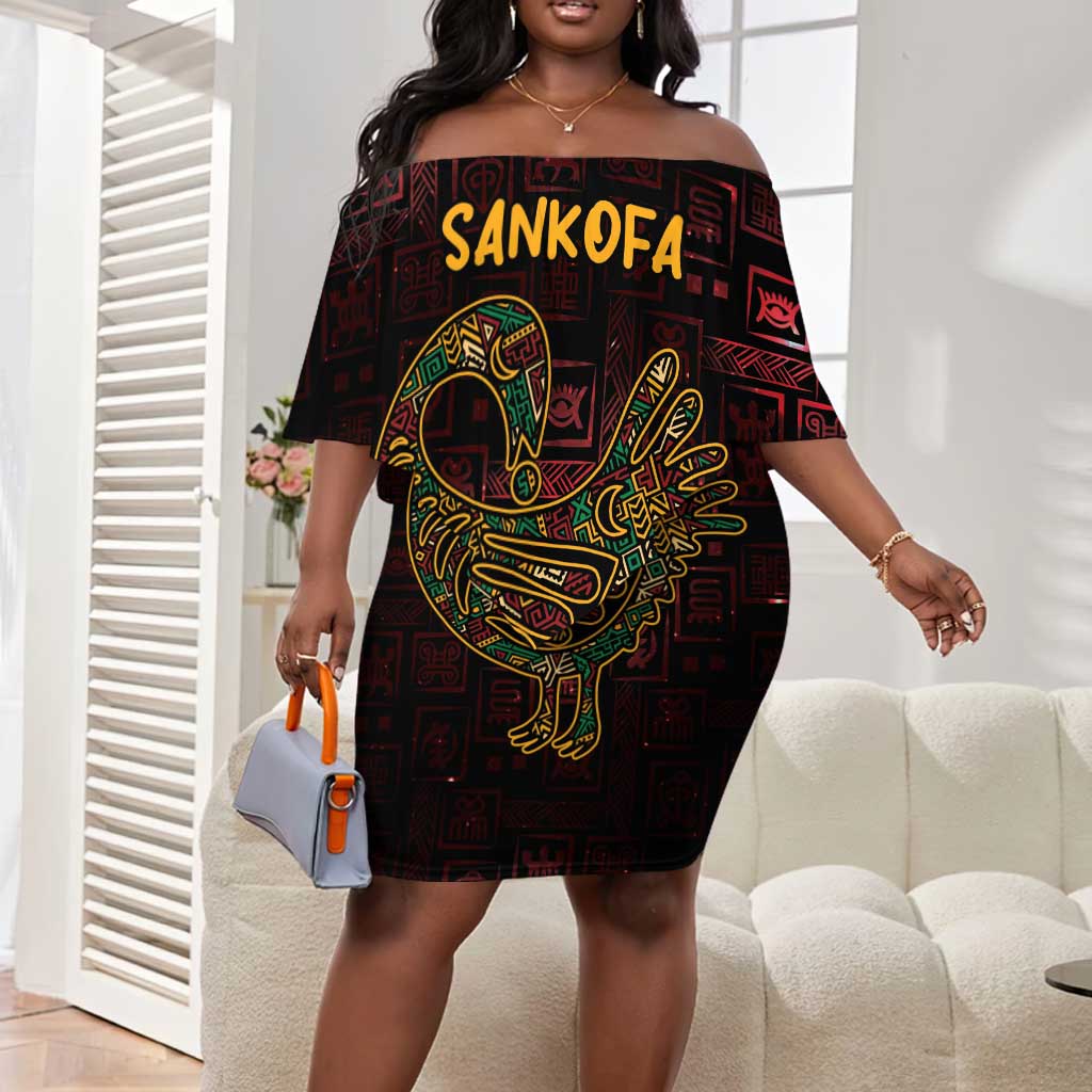 Afro-American Culture Off Shoulder Short Dress Adinkra Sankofa Bird - Cosmic Red