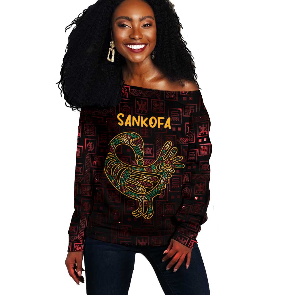 Afro-American Culture Off Shoulder Sweater Adinkra Sankofa Bird - Cosmic Red