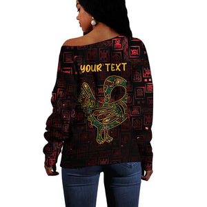 Afro-American Culture Off Shoulder Sweater Adinkra Sankofa Bird - Cosmic Red