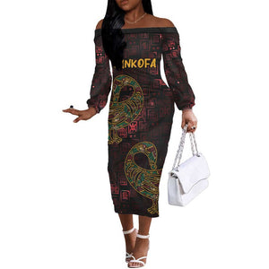 Afro-American Culture Off The Shoulder Long Sleeve Dress Adinkra Sankofa Bird - Cosmic Red