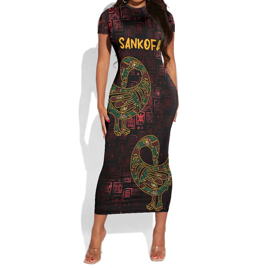 Afro-American Culture Short Sleeve Bodycon Dress Adinkra Sankofa Bird - Cosmic Red