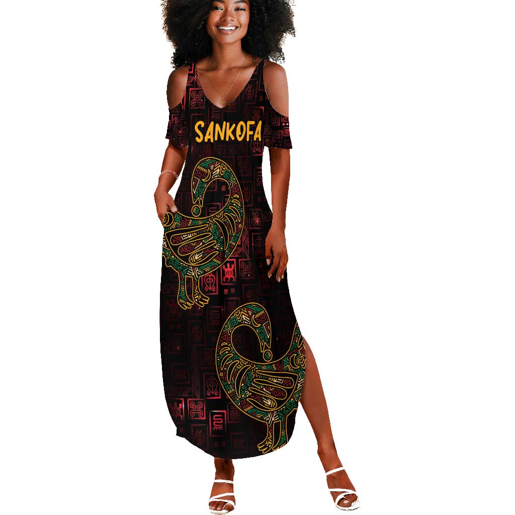 Afro-American Culture Summer Maxi Dress Adinkra Sankofa Bird - Cosmic Red