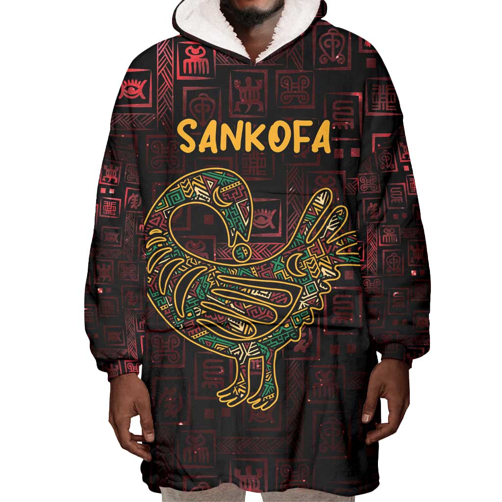 Afro-American Culture Wearable Blanket Hoodie Adinkra Sankofa Bird - Cosmic Red