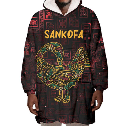 Afro-American Culture Wearable Blanket Hoodie Adinkra Sankofa Bird - Cosmic Red