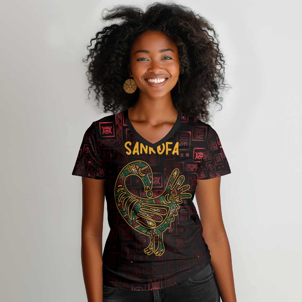 Afro-American Culture Women V-Neck T-Shirt Adinkra Sankofa Bird - Cosmic Red