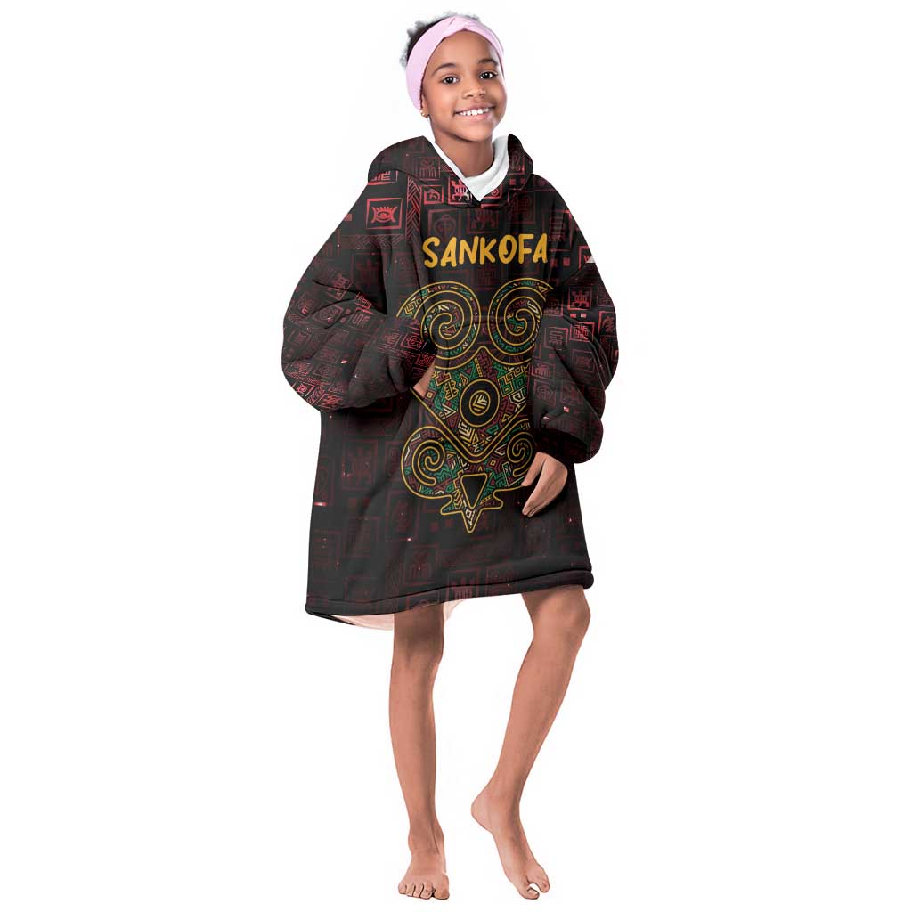 Afro-American Culture Kid Wearable Blanket Hoodie Adinkra Sankofa Heart - Cosmic Red