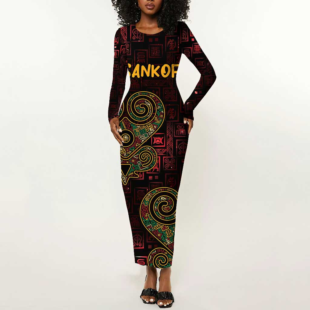 Afro-American Culture Long Sleeve Bodycon Dress Adinkra Sankofa Heart - Cosmic Red