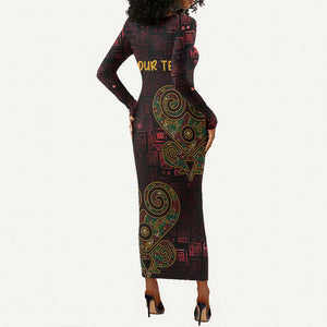 Afro-American Culture Long Sleeve Bodycon Dress Adinkra Sankofa Heart - Cosmic Red