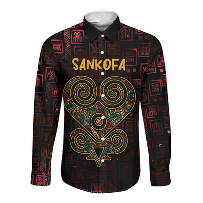 Afro-American Culture Long Sleeve Button Shirt Adinkra Sankofa Heart - Cosmic Red