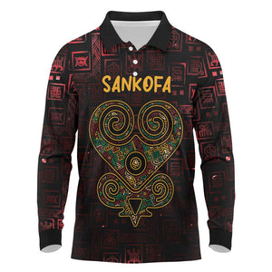 Afro-American Culture Long Sleeve Polo Shirt Adinkra Sankofa Heart - Cosmic Red