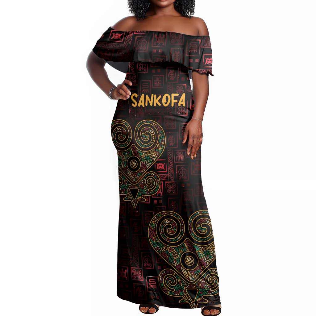 Afro-American Culture Off Shoulder Maxi Dress Adinkra Sankofa Heart - Cosmic Red