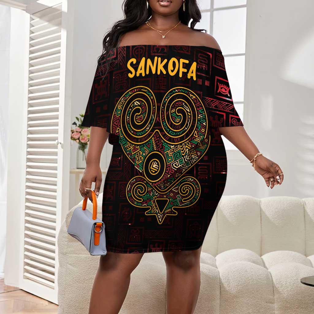 Afro-American Culture Off Shoulder Short Dress Adinkra Sankofa Heart - Cosmic Red