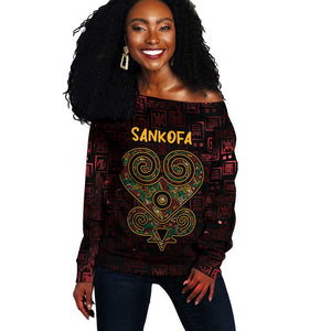 Afro-American Culture Off Shoulder Sweater Adinkra Sankofa Heart - Cosmic Red