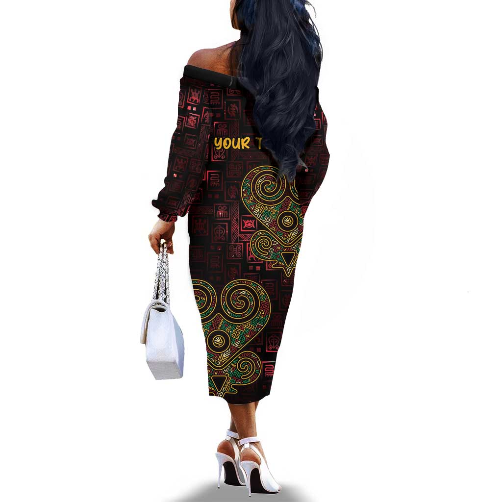 Afro-American Culture Off The Shoulder Long Sleeve Dress Adinkra Sankofa Heart - Cosmic Red