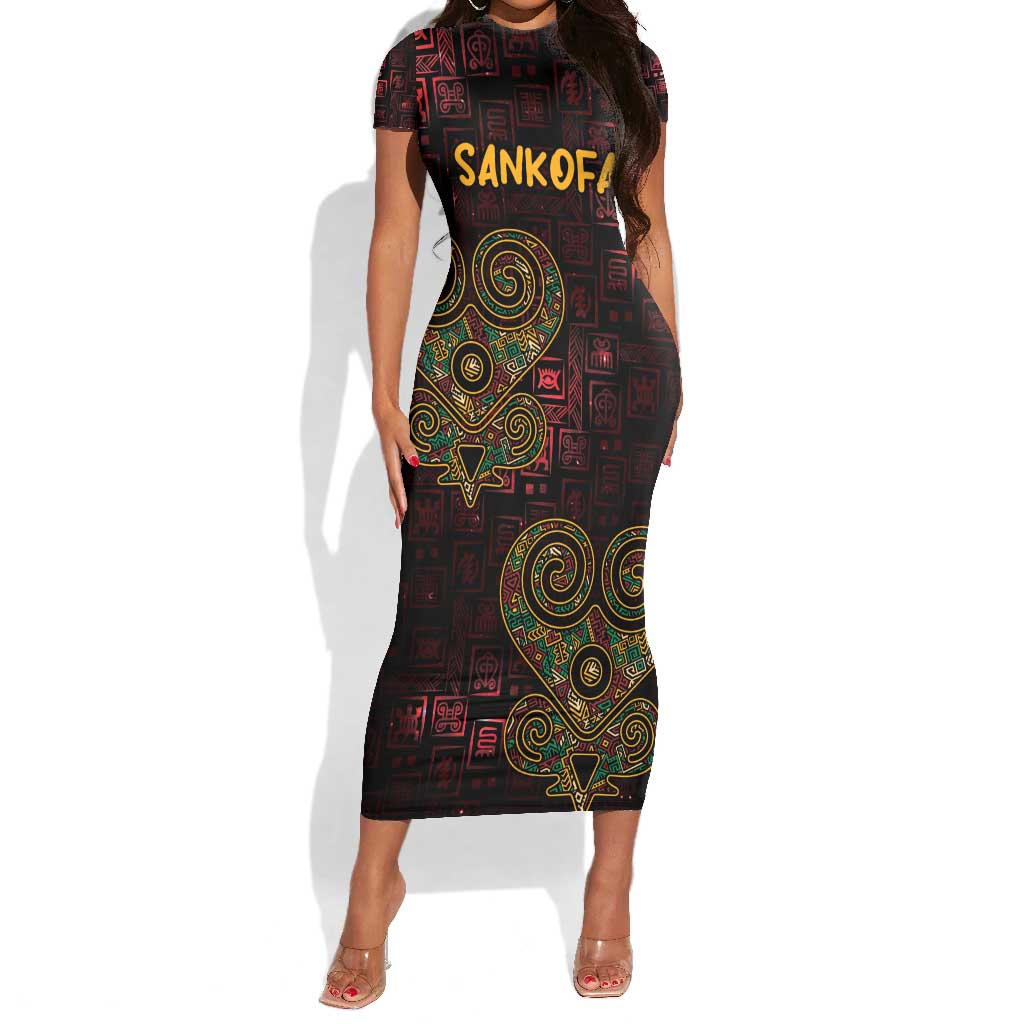 Afro-American Culture Short Sleeve Bodycon Dress Adinkra Sankofa Heart - Cosmic Red