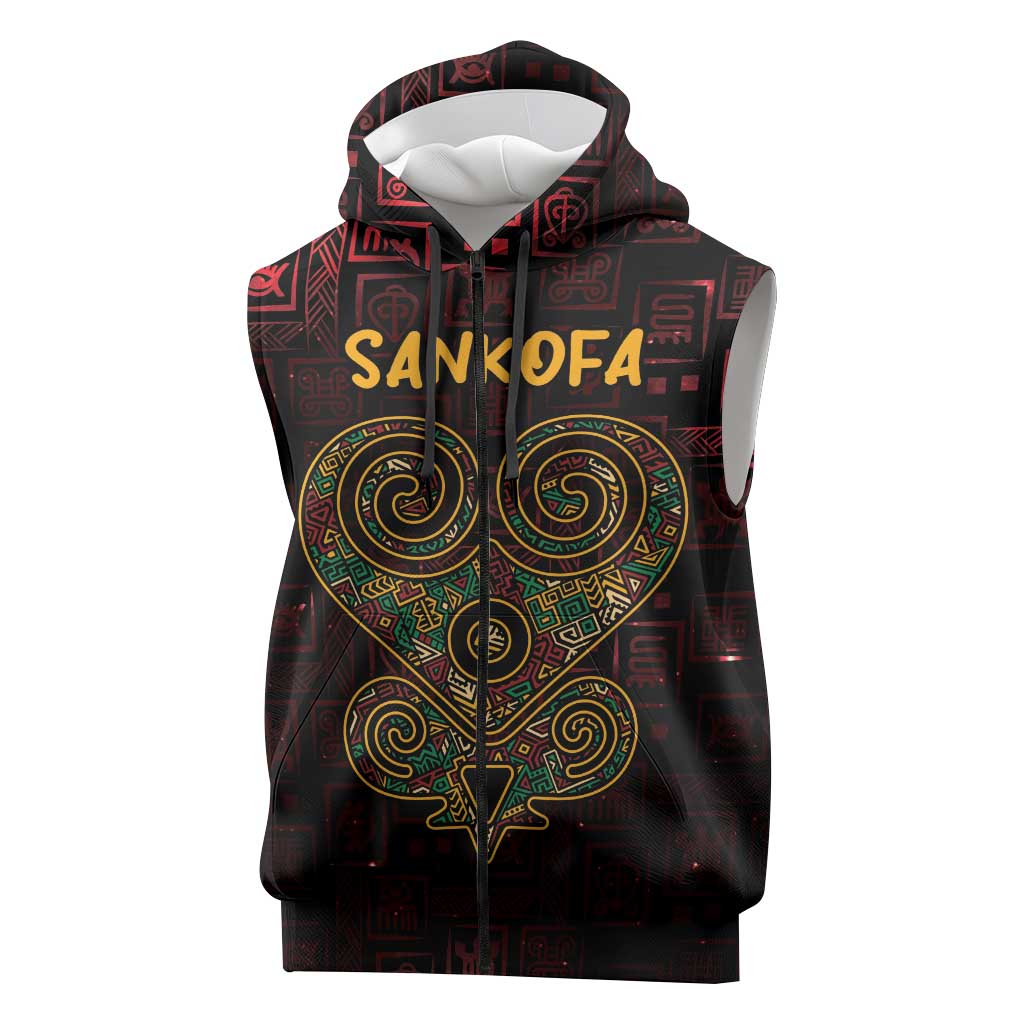Afro-American Culture Sleeveless Zip Hoodie Adinkra Sankofa Heart - Cosmic Red - African Pride