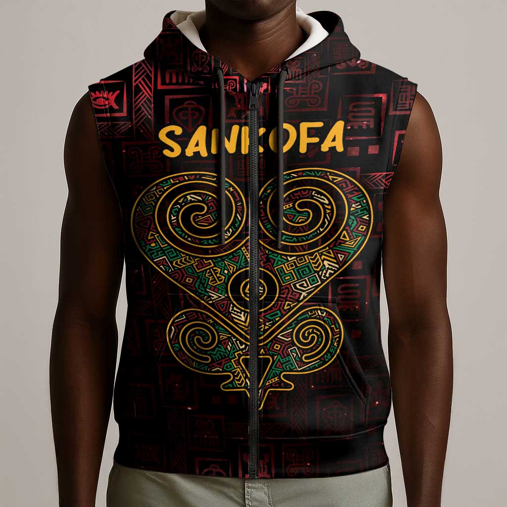 Afro-American Culture Sleeveless Zip Hoodie Adinkra Sankofa Heart - Cosmic Red - African Pride