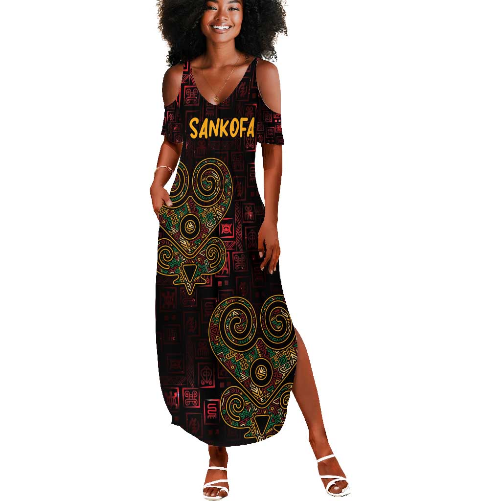 Afro-American Culture Summer Maxi Dress Adinkra Sankofa Heart - Cosmic Red