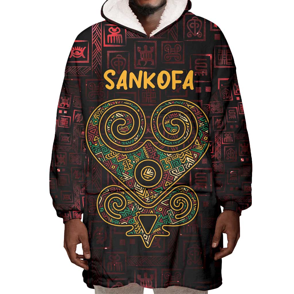 Afro-American Culture Wearable Blanket Hoodie Adinkra Sankofa Heart - Cosmic Red