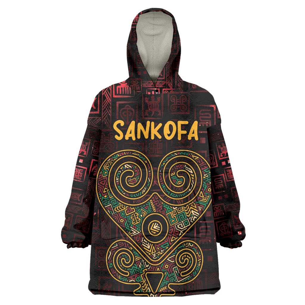 Afro-American Culture Wearable Blanket Hoodie Adinkra Sankofa Heart - Cosmic Red