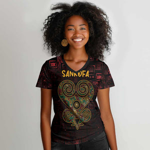 Afro-American Culture Women V-Neck T-Shirt Adinkra Sankofa Heart - Cosmic Red