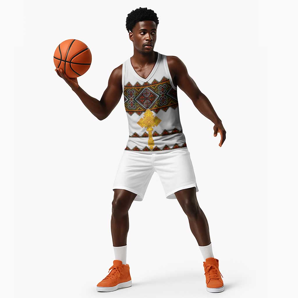 Eritrea Basketball Jersey Tilet Mix Eritrean Cross - White LT7