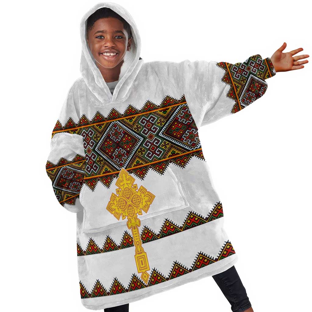 Eritrea Kid Wearable Blanket Hoodie Tilet Mix Eritrean Cross - White