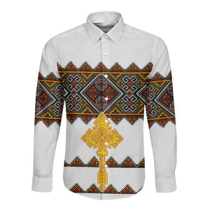 Eritrea Long Sleeve Button Shirt Tilet Mix Eritrean Cross - White