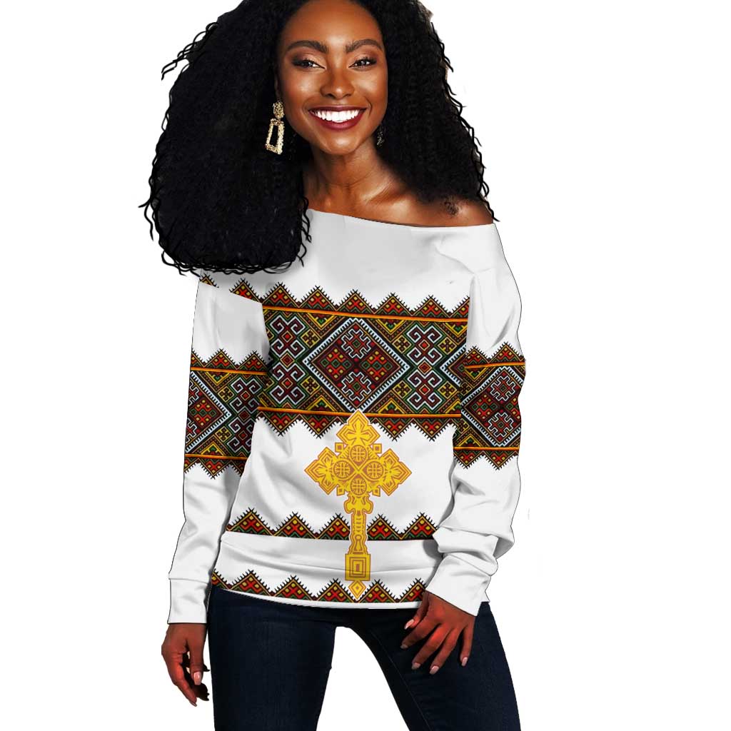 Eritrea Off Shoulder Sweater Tilet Mix Eritrean Cross - White