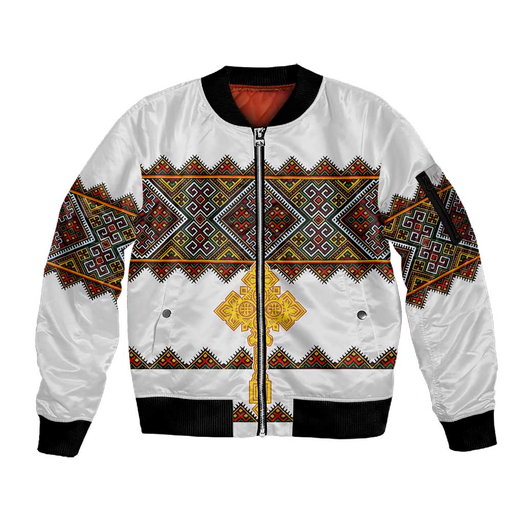 Eritrea Sleeve Zip Bomber Jacket Tilet Mix Eritrean Cross - White