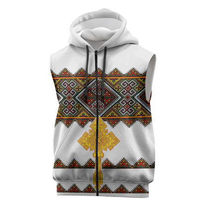 Eritrea Sleeveless Zip Hoodie Tilet Mix Eritrean Cross - White - African Pride