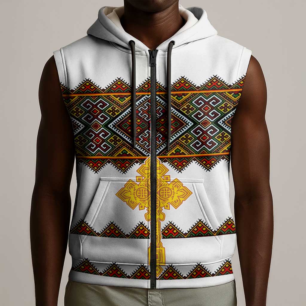 Eritrea Sleeveless Zip Hoodie Tilet Mix Eritrean Cross - White - African Pride