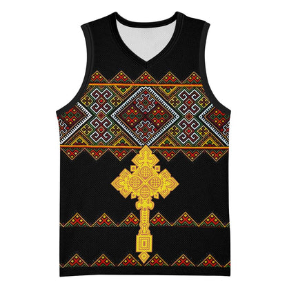 Eritrea Basketball Jersey Tilet Mix Eritrean Cross - Black LT7