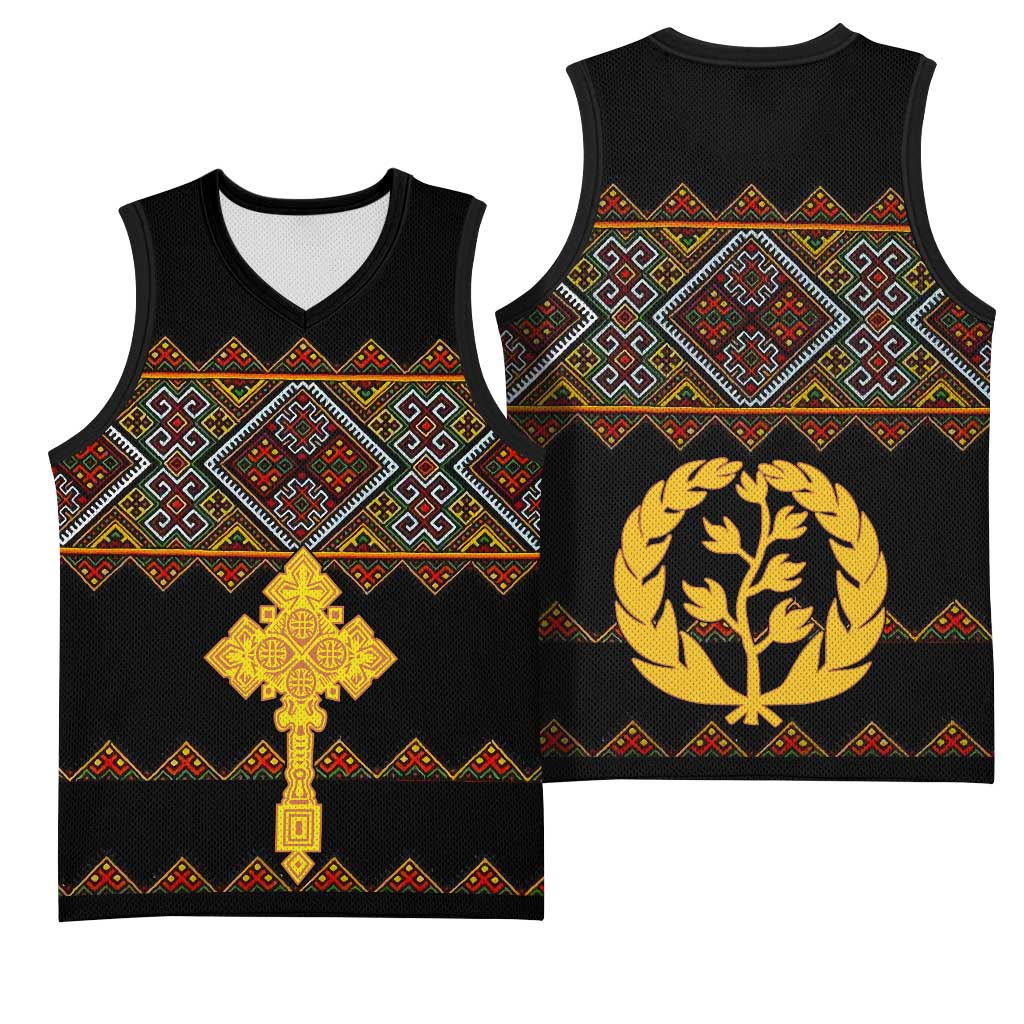 Eritrea Basketball Jersey Tilet Mix Eritrean Cross - Black LT7