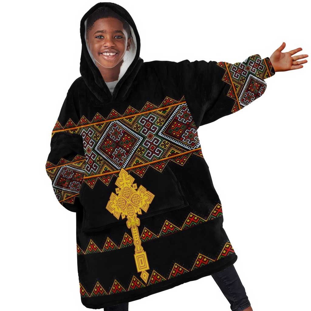 Eritrea Kid Wearable Blanket Hoodie Tilet Mix Eritrean Cross - Black