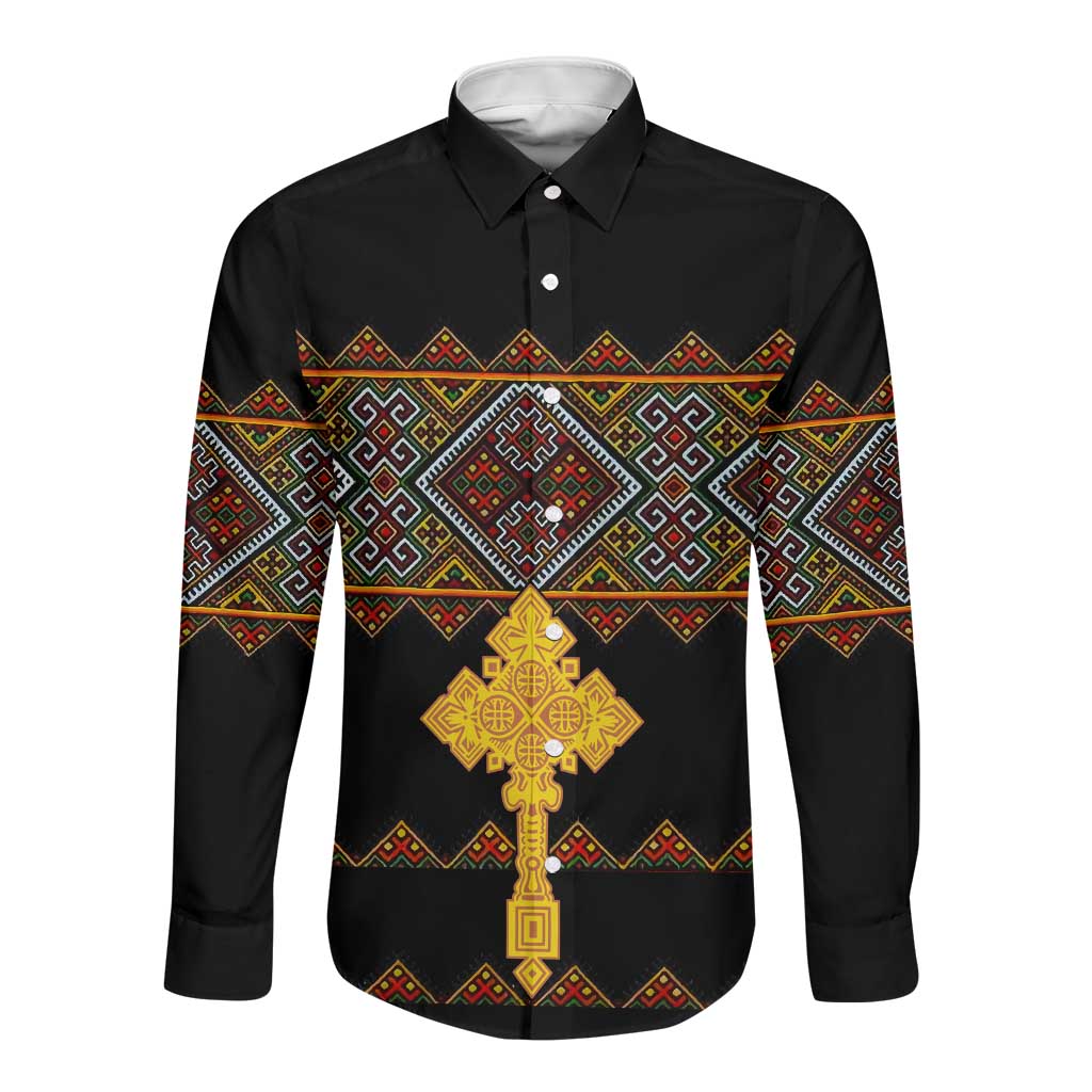 Eritrea Long Sleeve Button Shirt Tilet Mix Eritrean Cross - Black