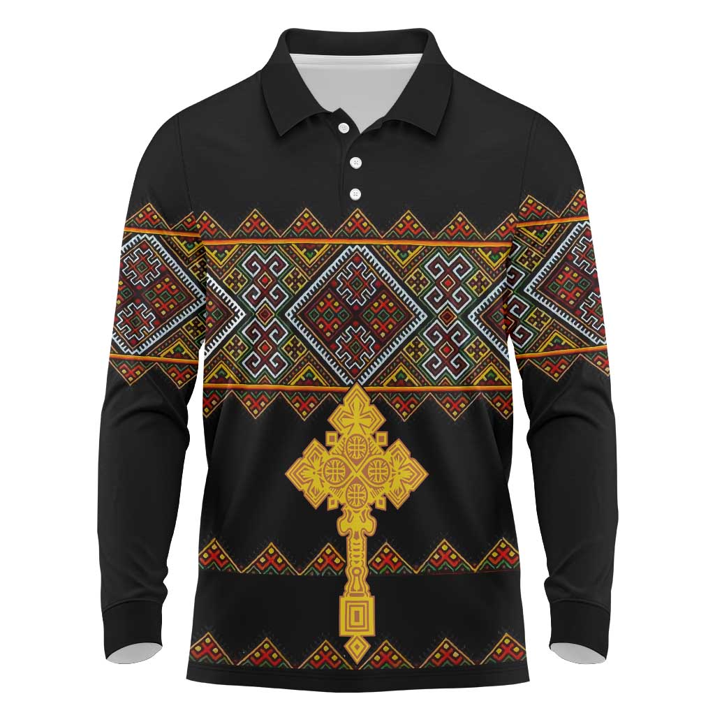 Eritrea Long Sleeve Polo Shirt Tilet Mix Eritrean Cross - Black