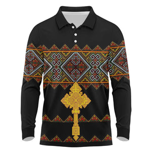 Eritrea Long Sleeve Polo Shirt Tilet Mix Eritrean Cross - Black