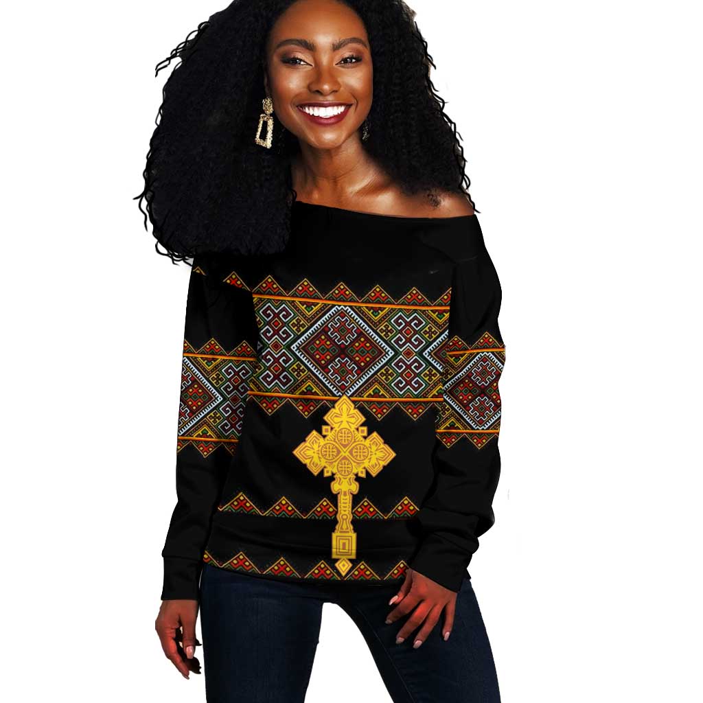 Eritrea Off Shoulder Sweater Tilet Mix Eritrean Cross - Black