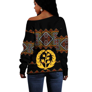 Eritrea Off Shoulder Sweater Tilet Mix Eritrean Cross - Black