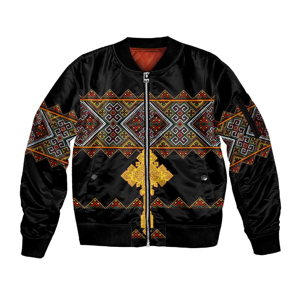 Eritrea Sleeve Zip Bomber Jacket Tilet Mix Eritrean Cross - Black