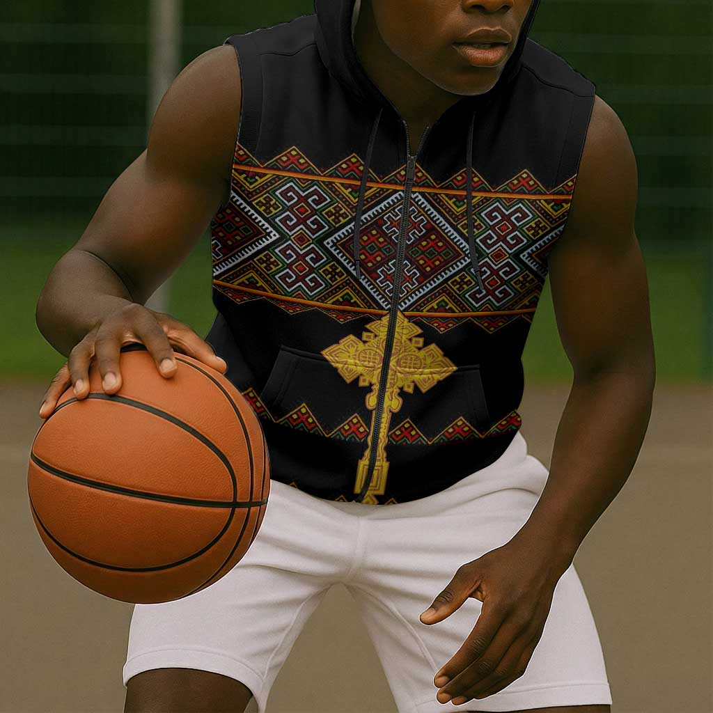 Eritrea Sleeveless Zip Hoodie Tilet Mix Eritrean Cross - Black - African Pride