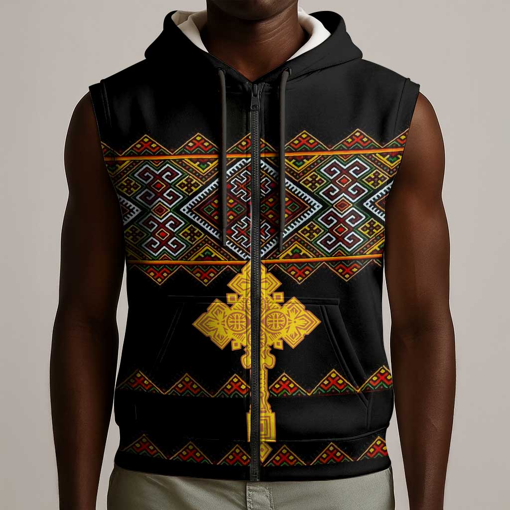 Eritrea Sleeveless Zip Hoodie Tilet Mix Eritrean Cross - Black - African Pride