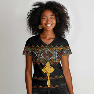 Eritrea Women V-Neck T-Shirt Tilet Mix Eritrean Cross - Black