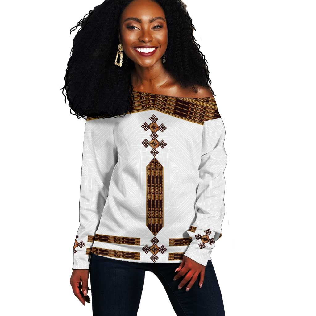 Eritrea Off Shoulder Sweater Tilet Habesha Style - White