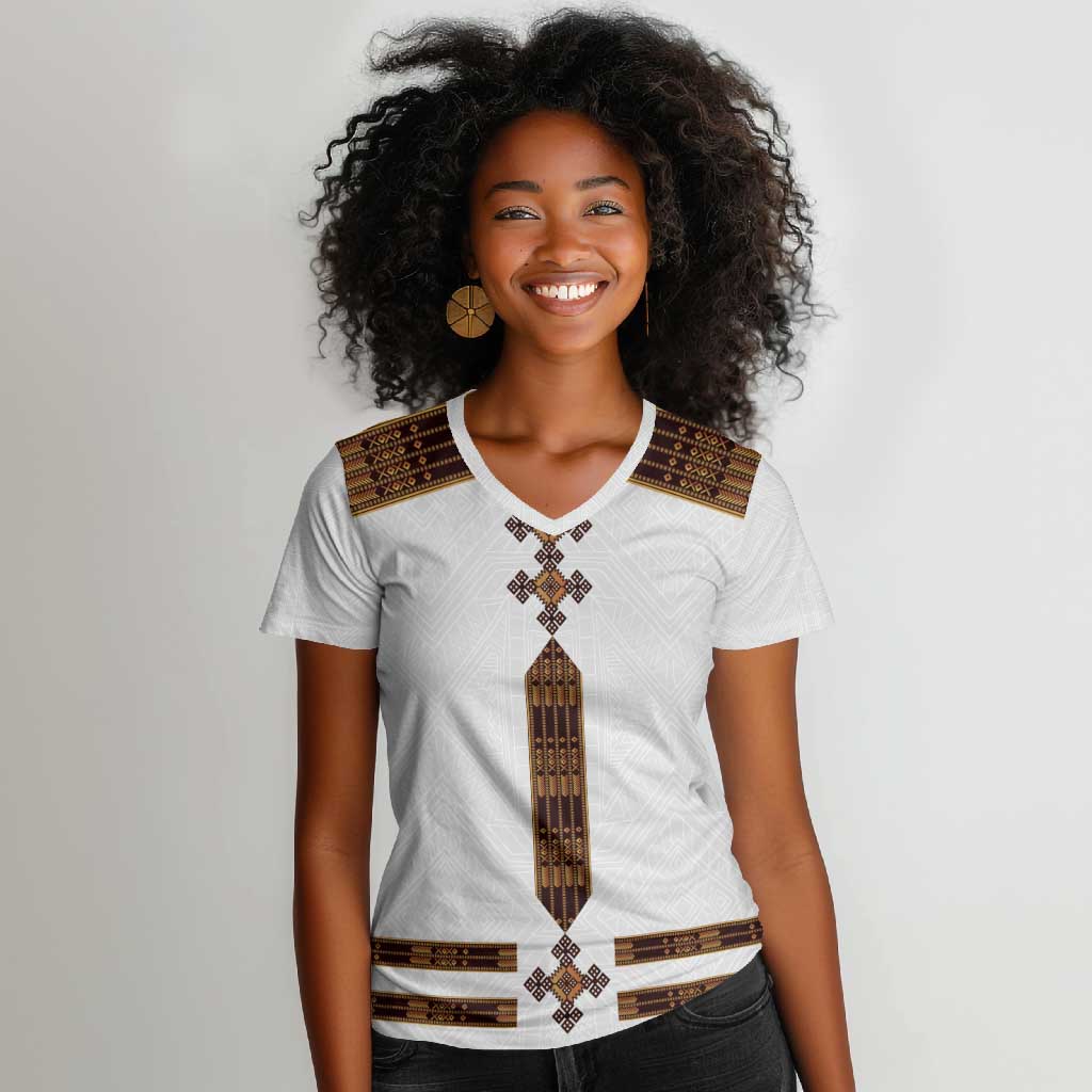 Eritrea Women V-Neck T-Shirt Tilet Habesha Style - White