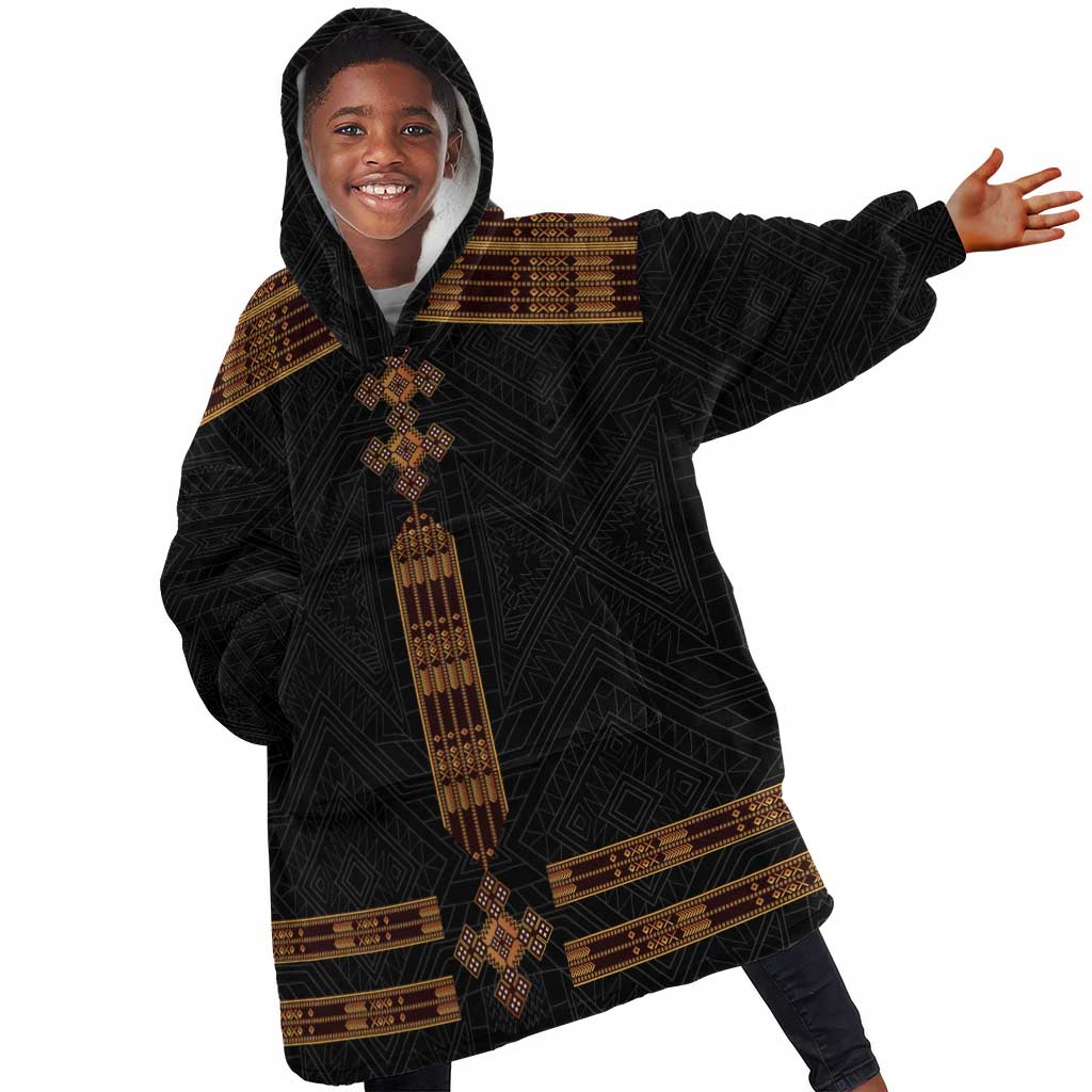 Eritrea Kid Wearable Blanket Hoodie Tilet Habesha Style - Black